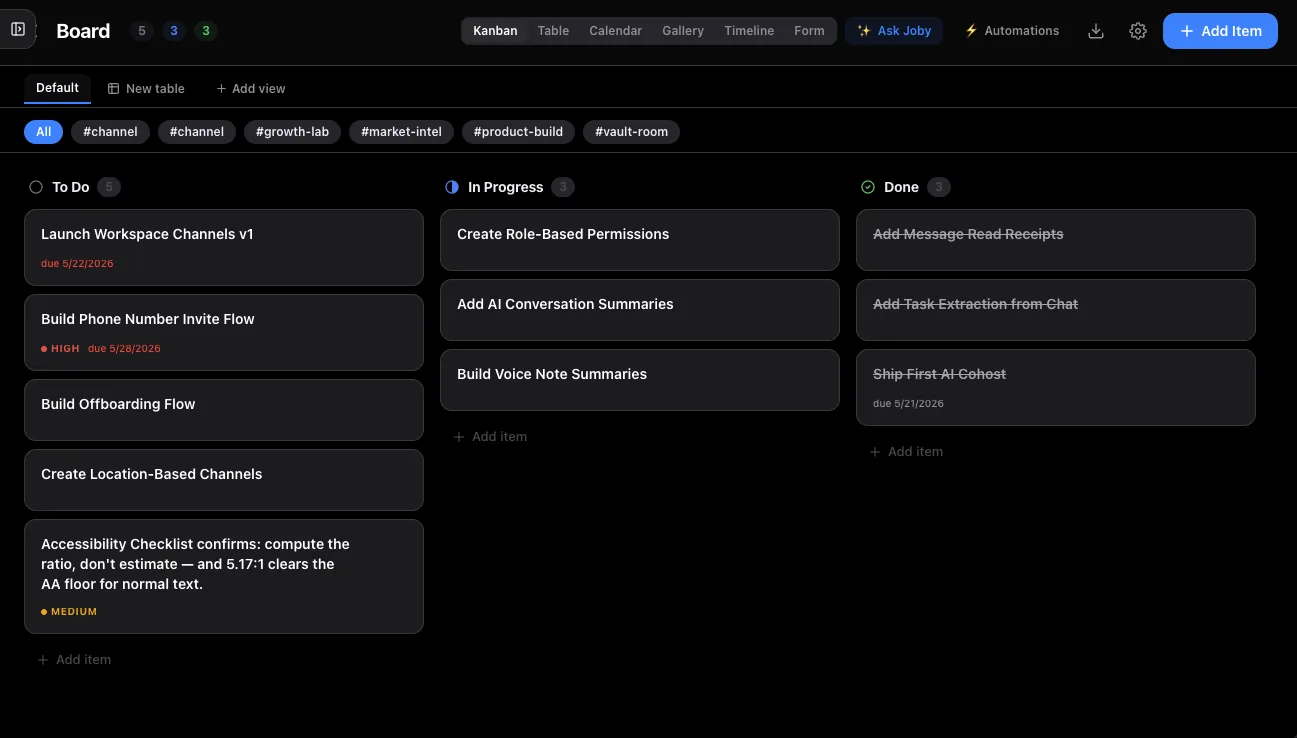 Lydo Boards in Kanban view with To Do, In Progress, and Done columns and priority cards.