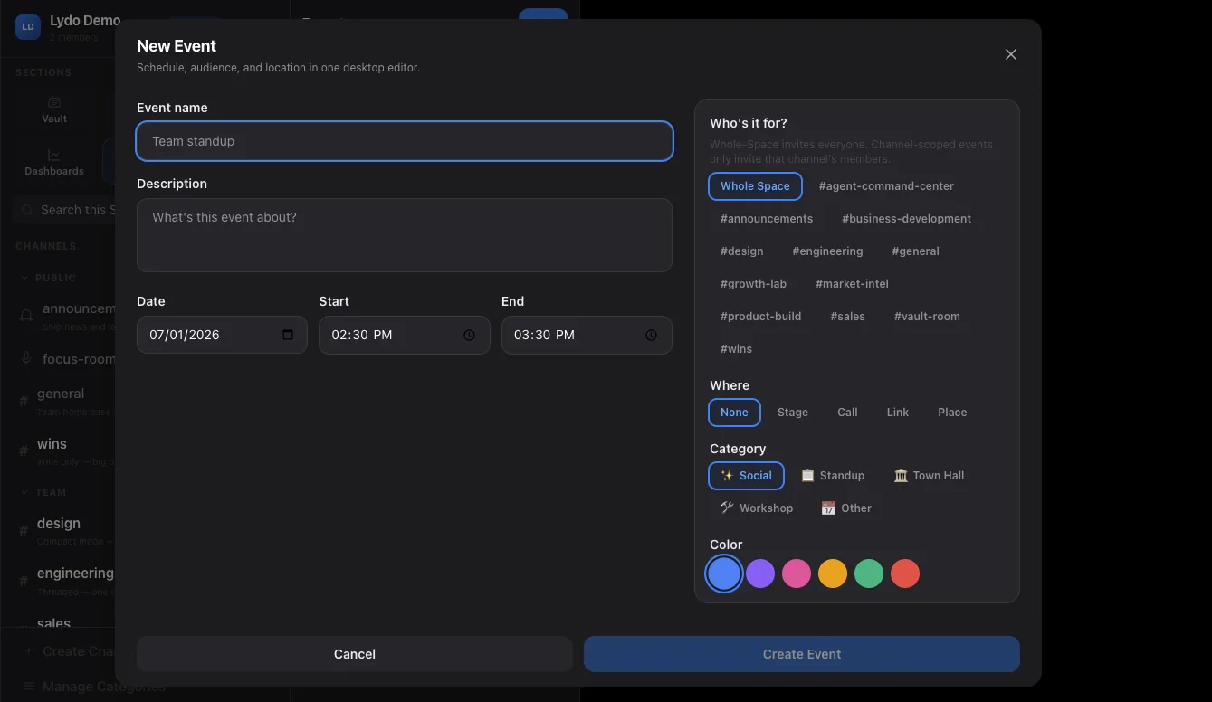 The New Event editor with a whole-Space or channel audience and event categories.