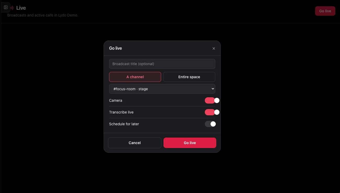 The Go live dialog to broadcast to a single channel or the whole Space.