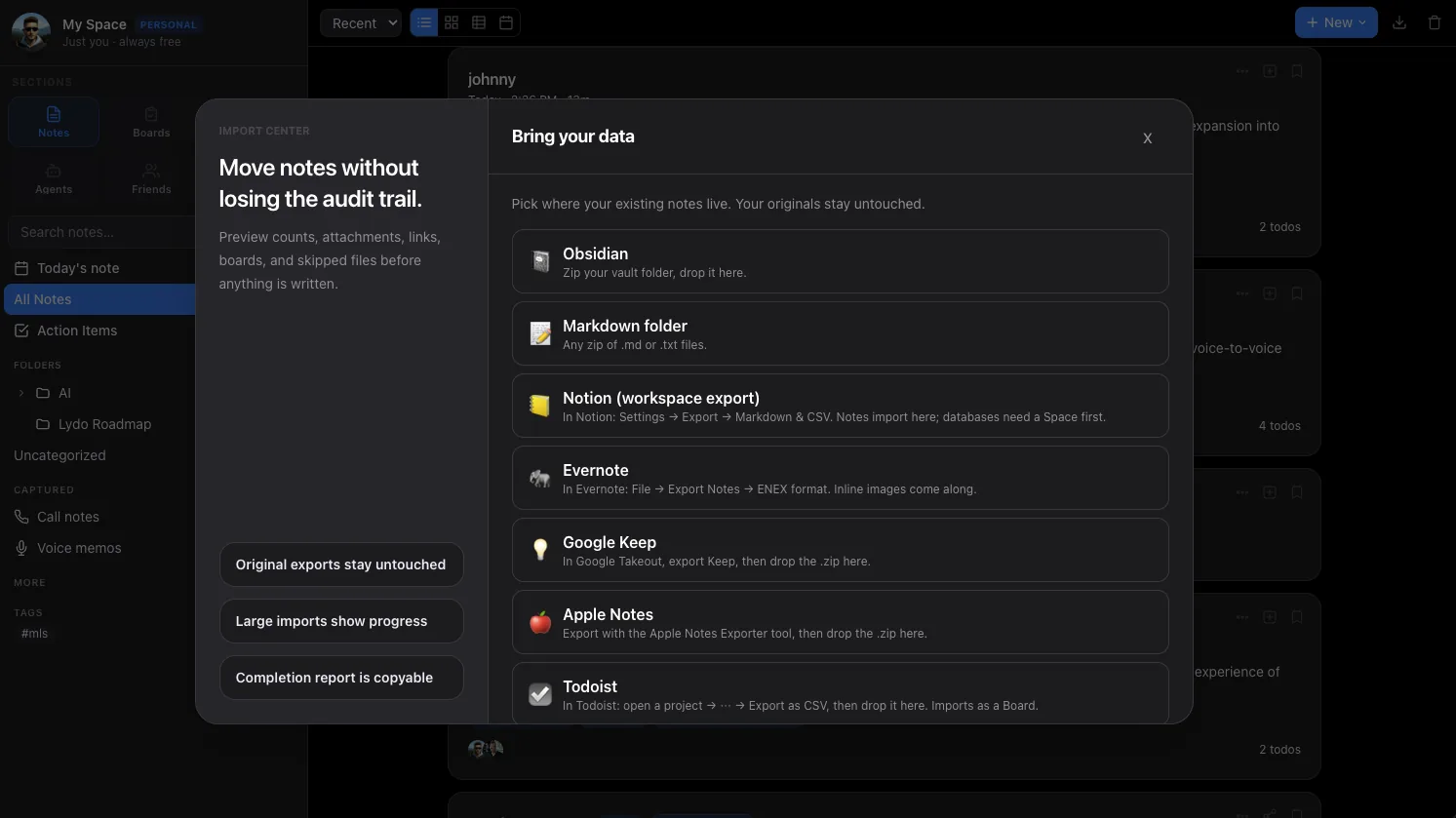 The Lydo import center: bring notes in from Obsidian, Notion, Evernote, Apple Notes, Google Keep, Todoist, or a Markdown folder.